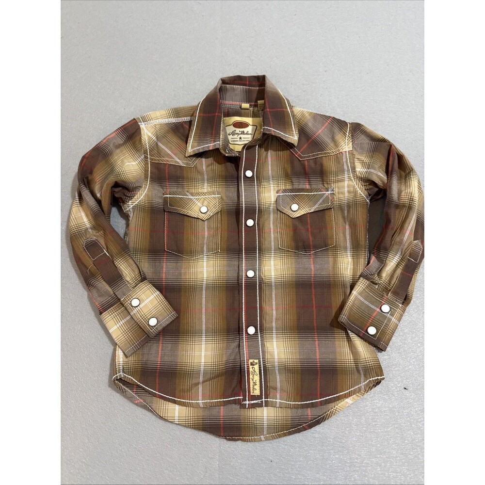 Larry Mahan Cowboy Shirt Boys XS Brown Plaid Pearl Snap Button western